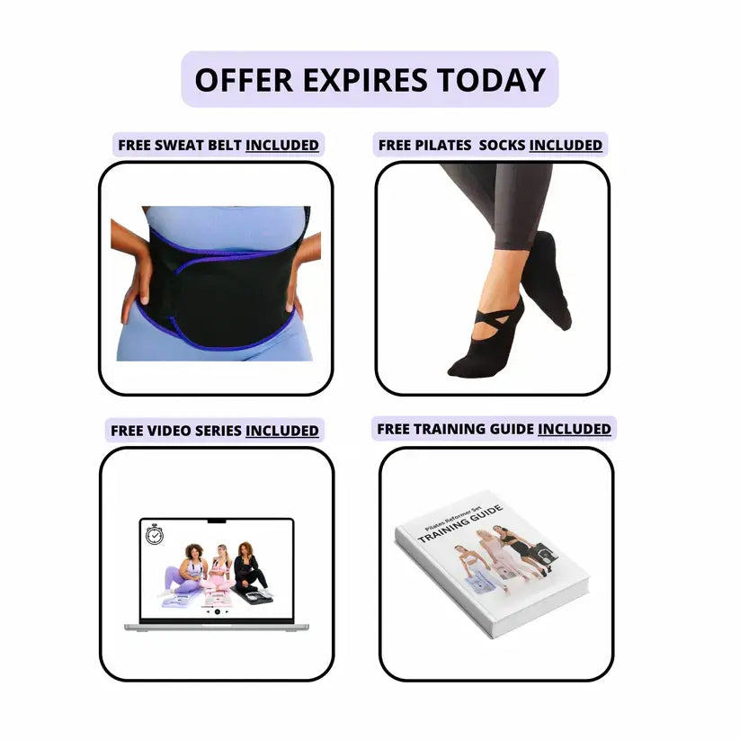 Pilates Reformer Set offer with a free sweat belt, pilates socks, video series, and training guide. Offer expires today.